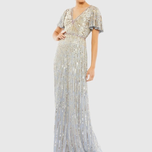 NWT Mac Duggal 5538 Silver Embellished [8] V Neck Butterfly Sleeve Column Gown - Picture 1 of 12